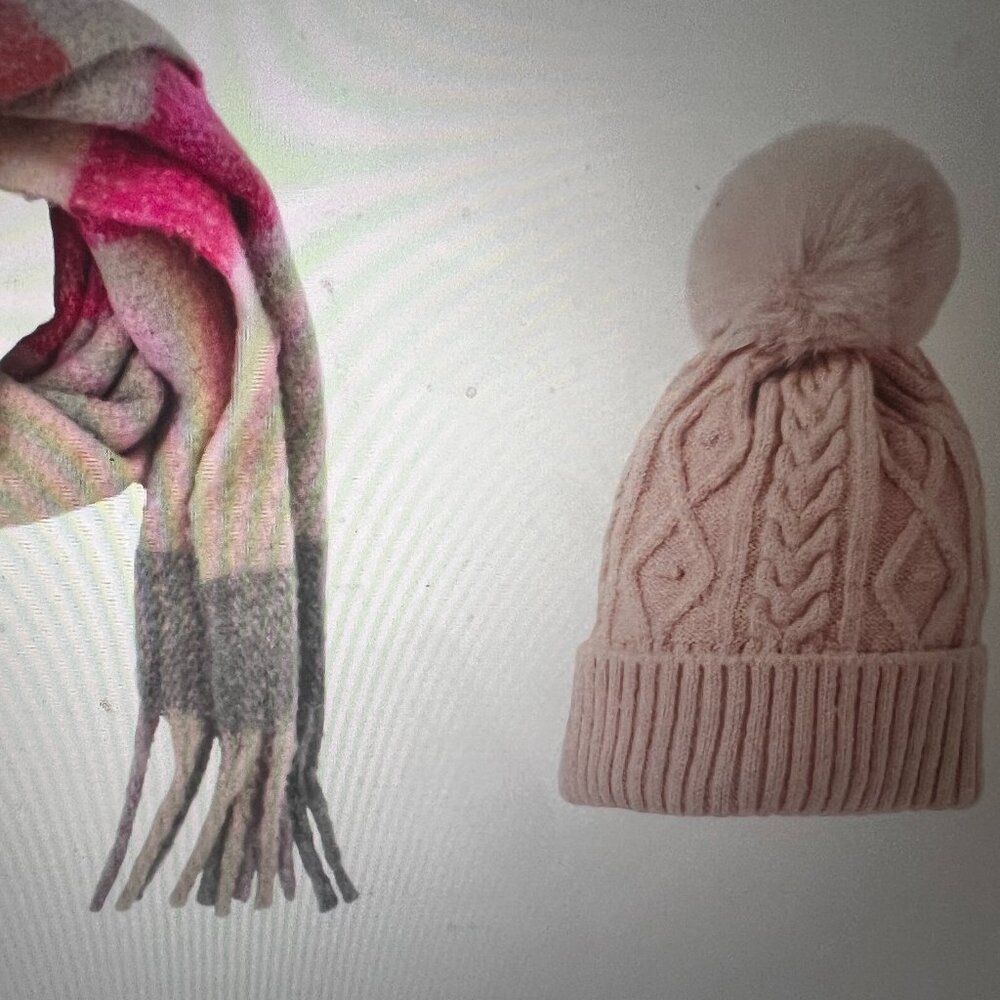 Natural Reflections Pom Beanie Scarf Set - Frosted Berry Blush